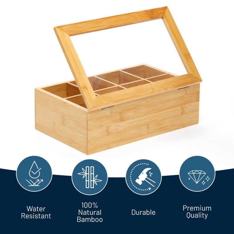 RoyalHouse Big Natural Bamboo Tea Storage Organizer with Clear Acrylic Top Window, 8 Compartments Eco-Friendly Tea Bag Holder, Multi-Functional Storage Box - Image 2